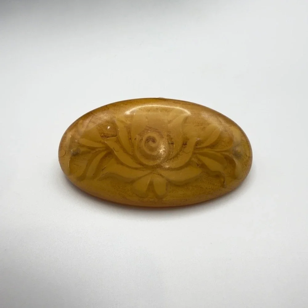 Vintage Barrette MCM Butterscotch Amber Reverse Carved Rose Floral Hair Clip